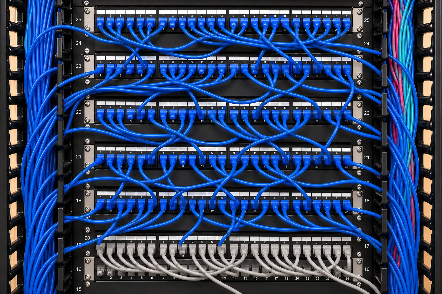 Before: tangled, unmanaged network cabling
